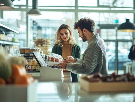 Retailmedewerker adviseert klant bij productpresentatie