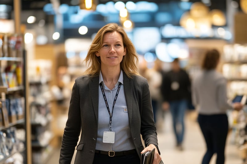 Manager loopt doelgericht over de winkelvloer naar een medewerker